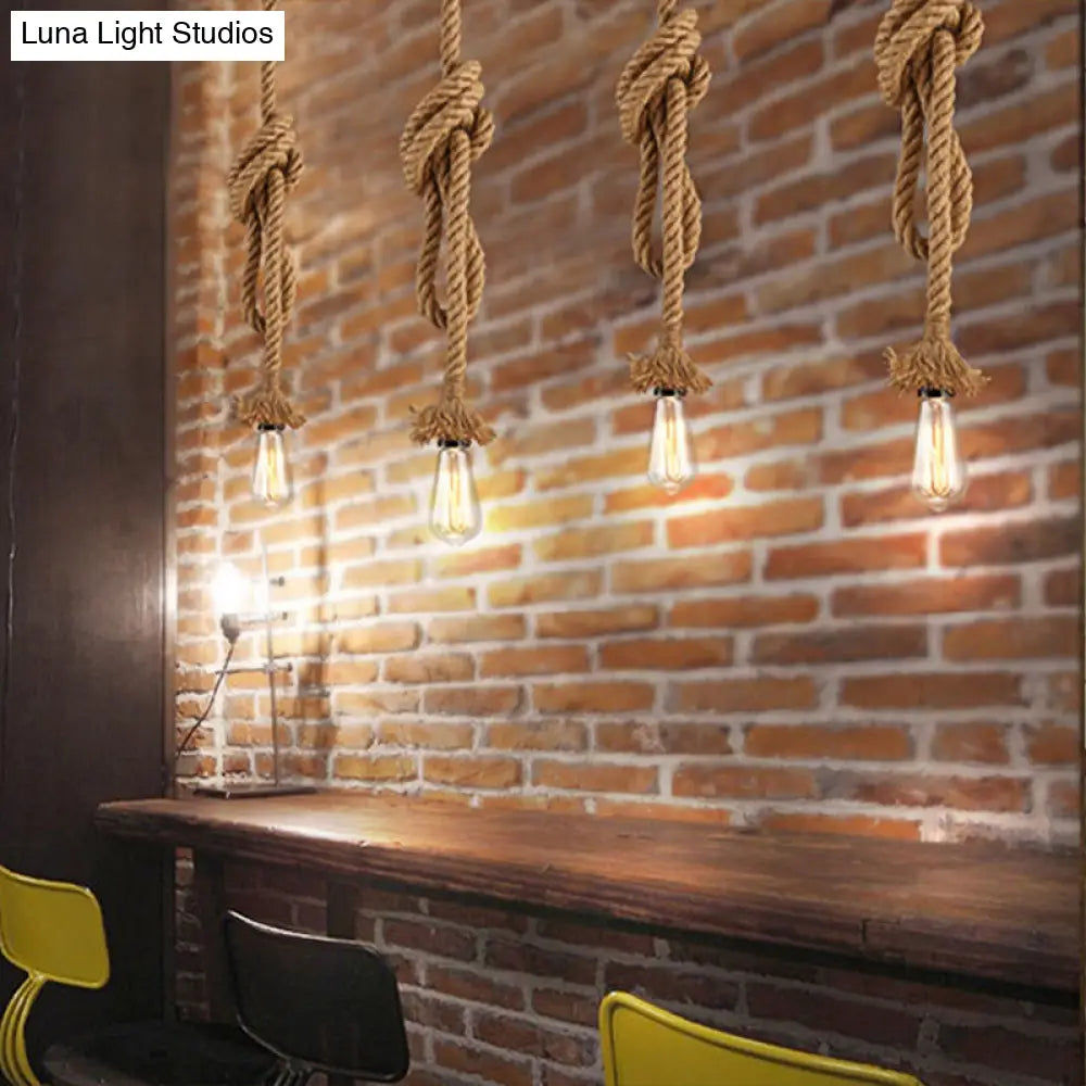 Minimalist Exposed Hanging Lamp: Adjustable Ceiling Light Fixture with Natural Rope, Beige Shade