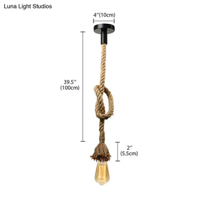 Minimalist Exposed Hanging Lamp: Adjustable Ceiling Light Fixture with Natural Rope, Beige Shade