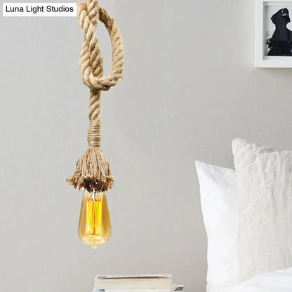 Minimalist Exposed Hanging Lamp: Adjustable Ceiling Light Fixture with Natural Rope, Beige Shade