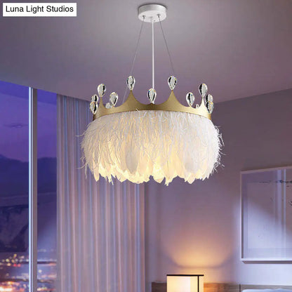 Minimalist Feather Crown Pendant Light with Crystal Deco