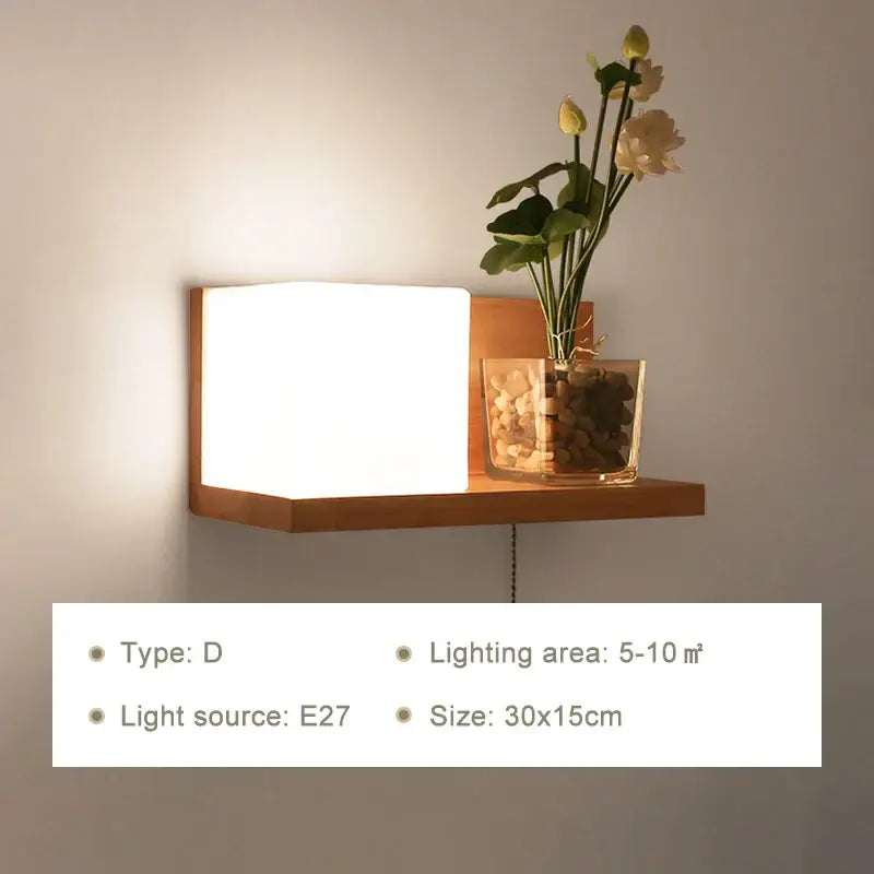 Minimalist wooden wall lamp with rectangular frosted glass diffuser and integrated shelf for bedroom use