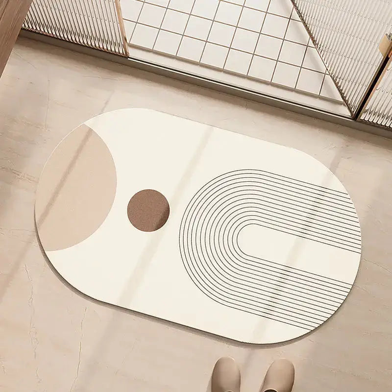 Minimalist geometric diatom ooze bathroom rug with cream base beige accents and black arc patterns for decorbites geometric diatom