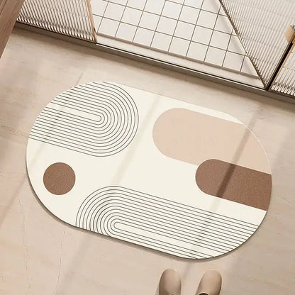 Minimalist oval diatom ooze bathroom rug with geometric design in cream beige and brown tones by decorbites geometric diatom