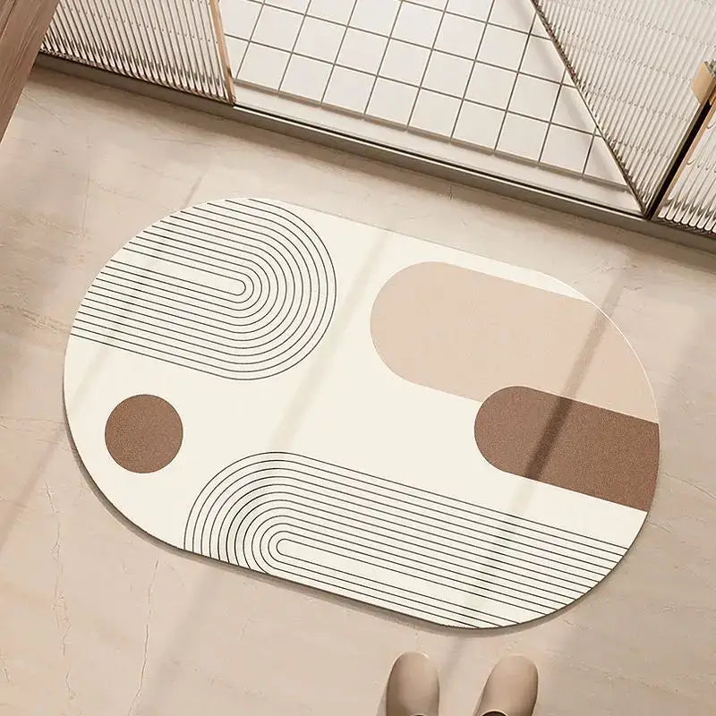 Minimalist oval diatom ooze bathroom rug with geometric design in cream beige and brown tones by decorbites geometric diatom