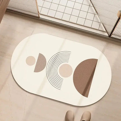 Minimalist geometric diatom ooze bathroom rug in cream beige with abstract geometric patterns in taupe and black