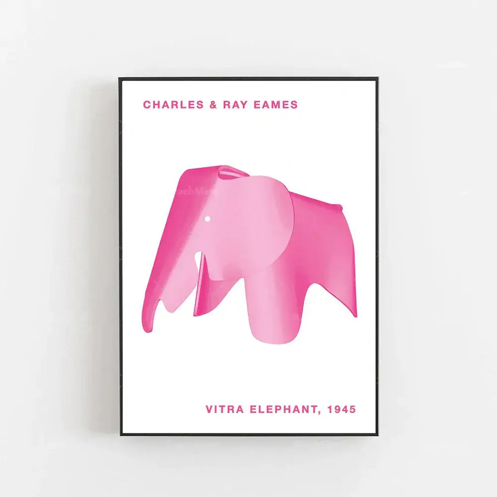 Pink minimalist elephant bauhaus canvas print featuring the vitra elephant 1945 design by charles and ray eames for children’s room decorbites