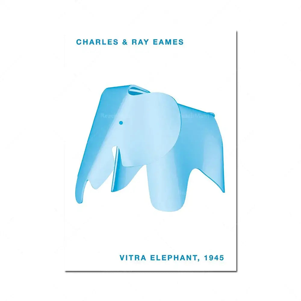 Light blue molded plastic elephant chair by Charles and Ray Eames featured in minimalist geometric elephant bauhaus canvas print decorbites