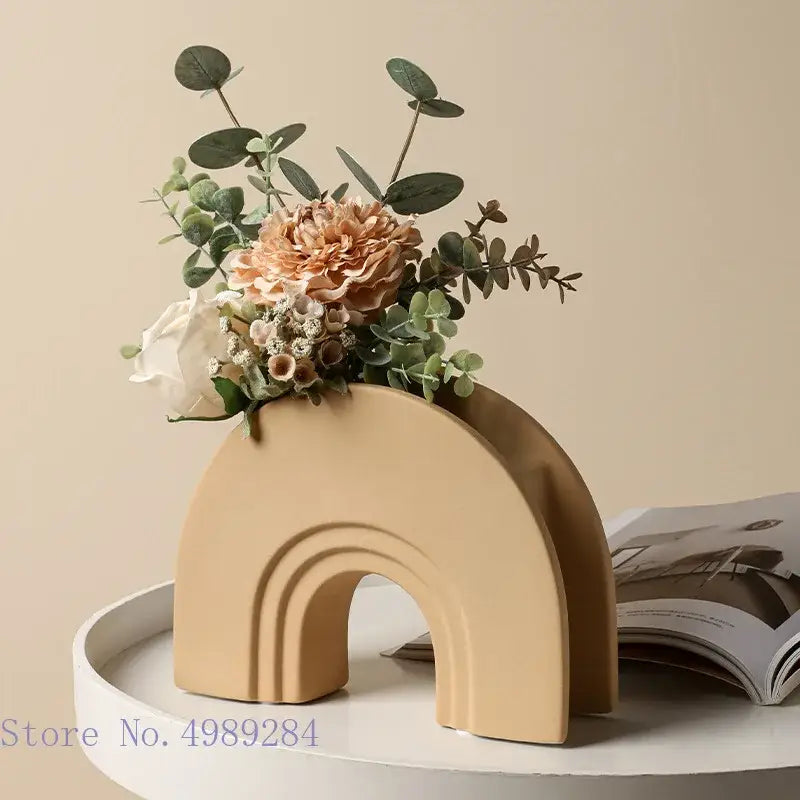 Beige ceramic geometric stripes vase holding faux flowers for minimalist living room decorbites geometric stripes decor