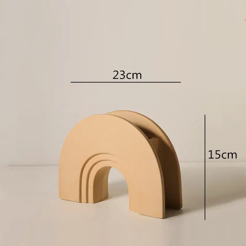 Beige ceramic geometric stripes rainbow-shaped decorative arch with layered concentric curves for living room decorbites geometric stripes decor