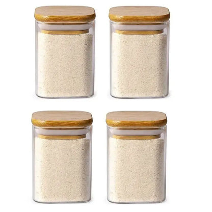 Minimalist clear glass jar with bamboo lid and labels for kitchen storage by decorbites glass jar collection