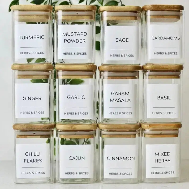 Minimalist clear glass jar with bamboo lid and white labels by decorbites glass jar for kitchen storage and organization