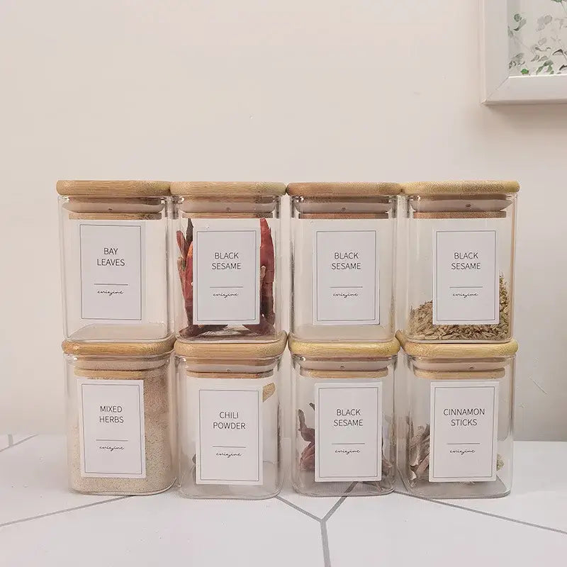 Minimalist glass jar with bamboo lid and white labels by decorbites glass jar ideal for kitchen storage and organization