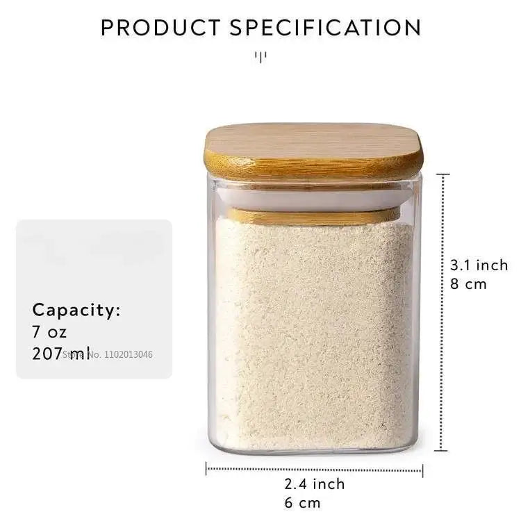 Minimalist glass jar with bamboo lid and white silicone seal containing light-colored granules for kitchen storage decorbites glass jar