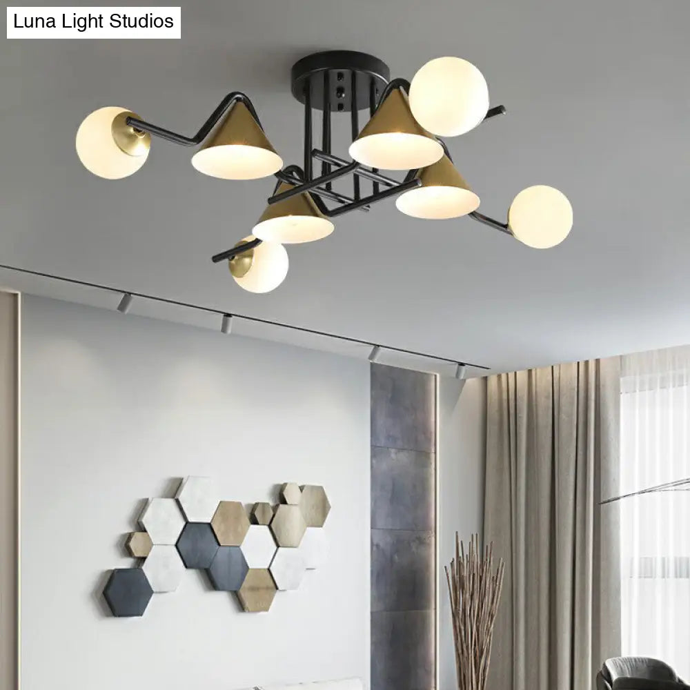 DecorBites™ DecorBites™ Minimalist Glass Semi Flush Ceiling Light - Cone and Ball Shaped, Black-Brass Finish
