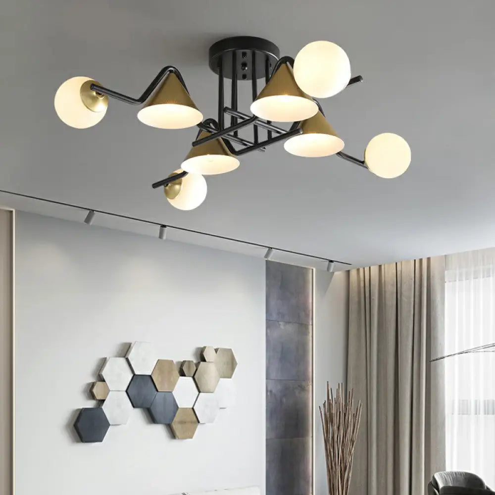 DecorBites™ DecorBites™ Minimalist Glass Semi Flush Ceiling Light - Cone and Ball Shaped, Black-Brass Finish