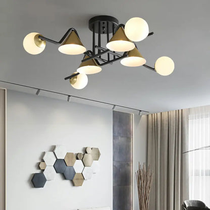 DecorBites™ DecorBites™ Minimalist Glass Semi Flush Ceiling Light - Cone and Ball Shaped, Black-Brass Finish