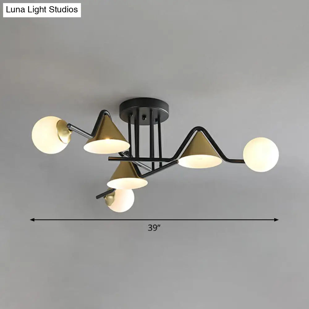 DecorBites™ DecorBites™ Minimalist Glass Semi Flush Ceiling Light - Cone and Ball Shaped, Black-Brass Finish