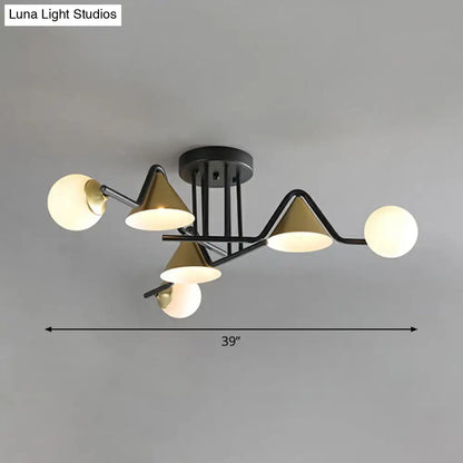 DecorBites™ DecorBites™ Minimalist Glass Semi Flush Ceiling Light - Cone and Ball Shaped, Black-Brass Finish