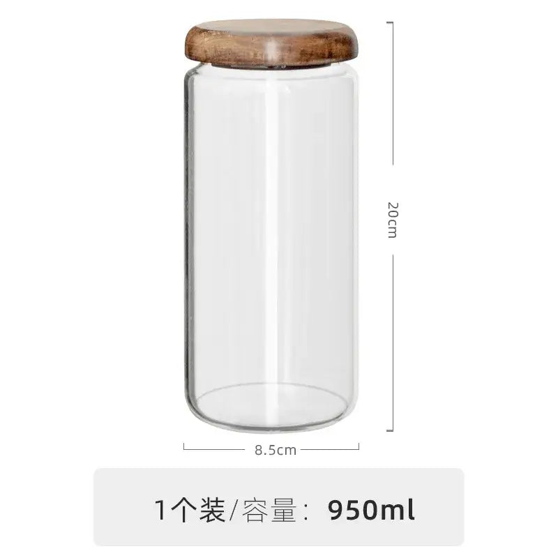 Minimalist glass spice jar with 950ml capacity and acacia wood lid for kitchen storage measuring 20cm tall and 8.5cm wide