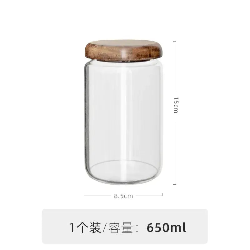 Minimalist glass spice jar with acacia wood lid clear glass 15cm tall 8.5cm wide 650ml kitchen storage jar