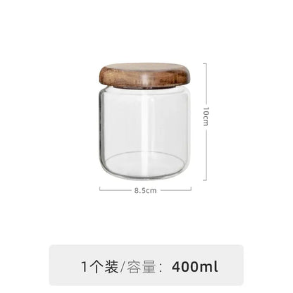 Minimalist glass spice jar with acacia wood lid clear glass 10cm tall 8.5cm wide 400ml capacity kitchen storage