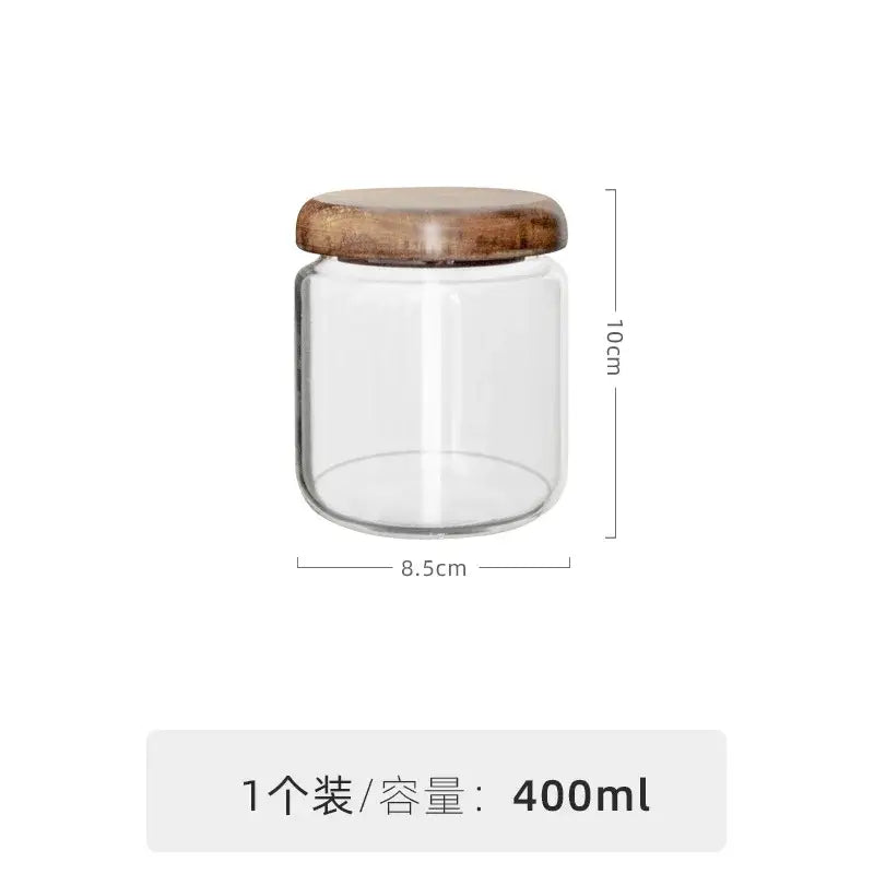 Minimalist glass spice jar with acacia wood lid clear glass 10cm tall 8.5cm wide 400ml capacity kitchen storage