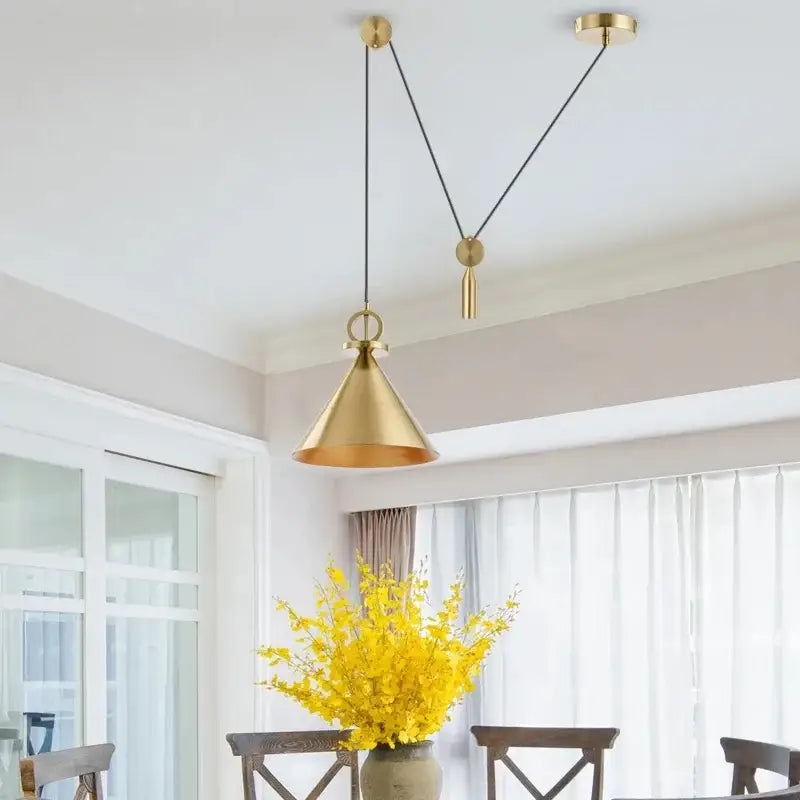 Minimalist gold conical pendant light with brass finish and black cord suspension for decorbites adjustable linear pendant lighting