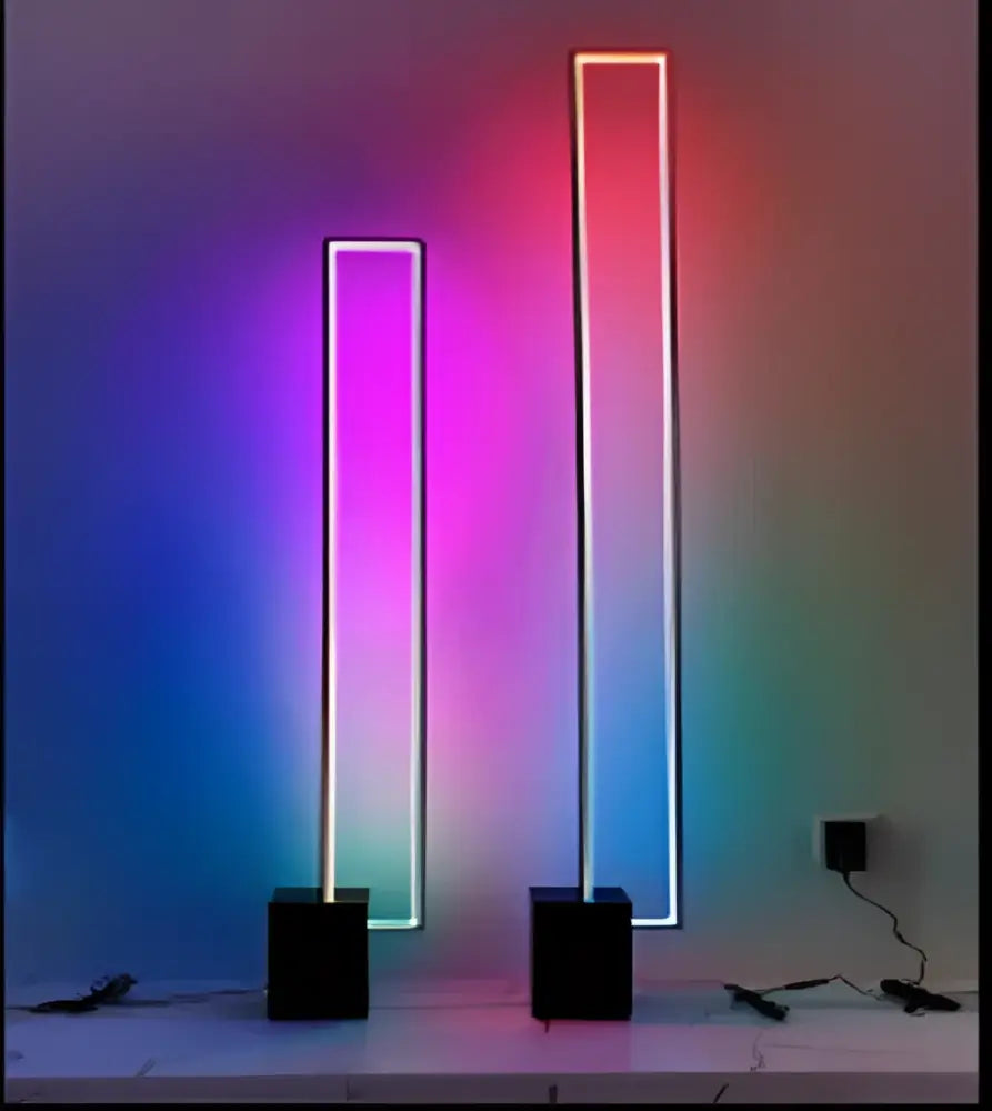 Minimalist gold and black geometric led floor lamp with vibrant neon edges casting rainbow light for living room decorbites geometric led floor