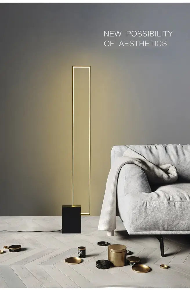 Minimalist gold and black geometric led floor lamp with thin rectangular frame and black base for modern decorbites floor lamp decor