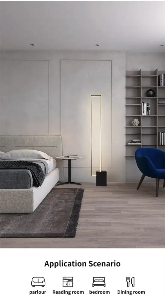 Minimalist gold and black geometric led floor lamp with sleek rectangular design and warm ambient lighting for living room decor