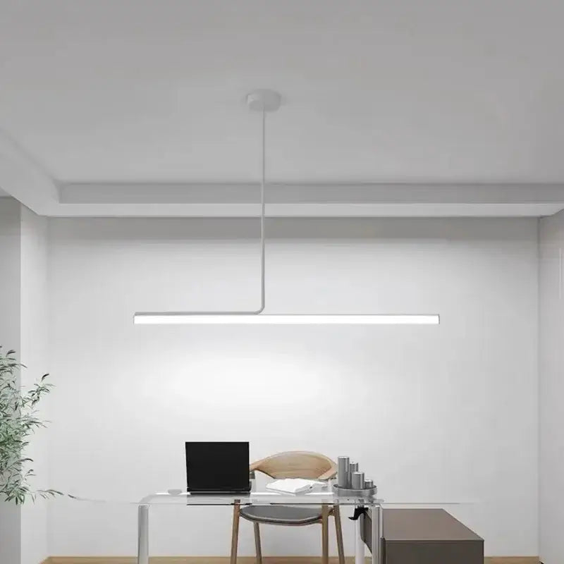 Minimalist white linear metal pendant light with sleek design for dining room cord pendant installation