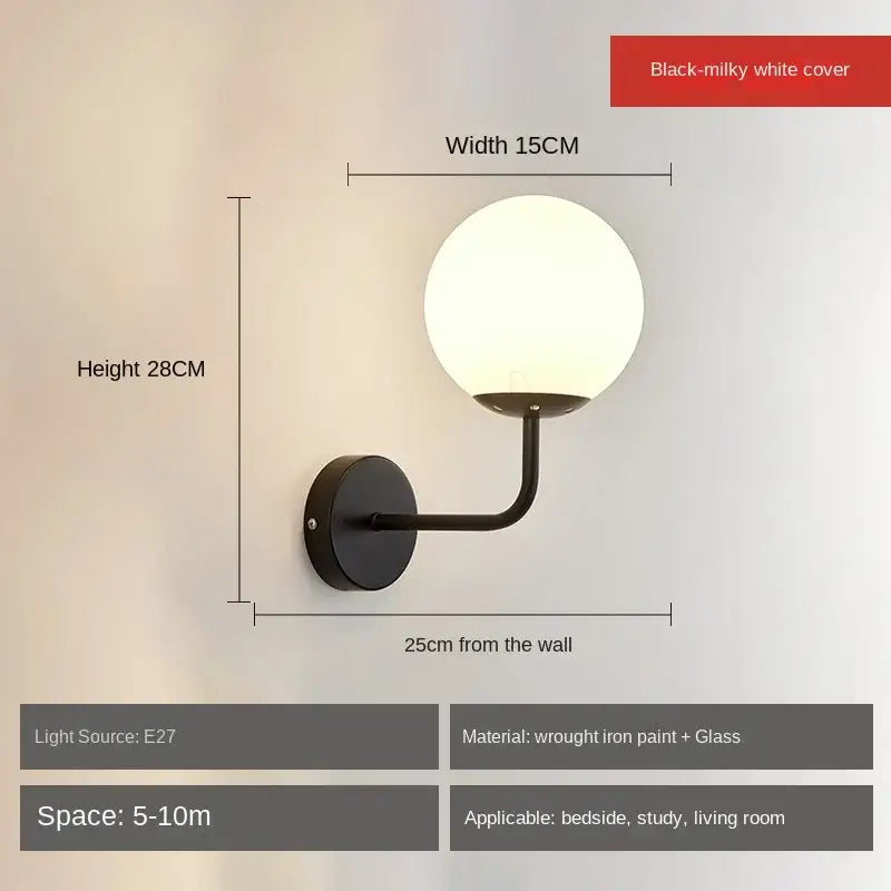 Minimalist black wrought iron wall lamp with milky white glass ball led shade for bedroom decorbites glass ball lighting