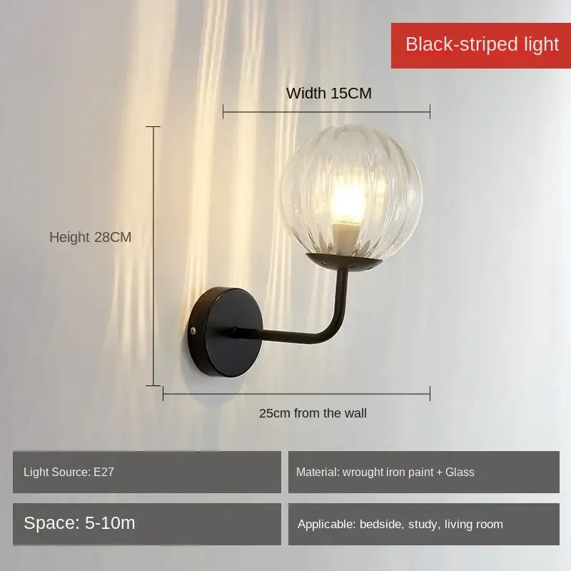 Black wrought iron wall lamp with ribbed glass ball led shade from decorbites for minimalist bedroom lighting