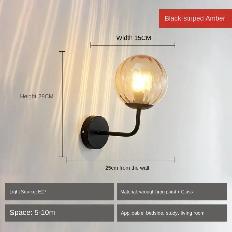 Minimalist black-striped amber glass ball led wall lamp with wrought iron base for decorbites glass ball bedroom light