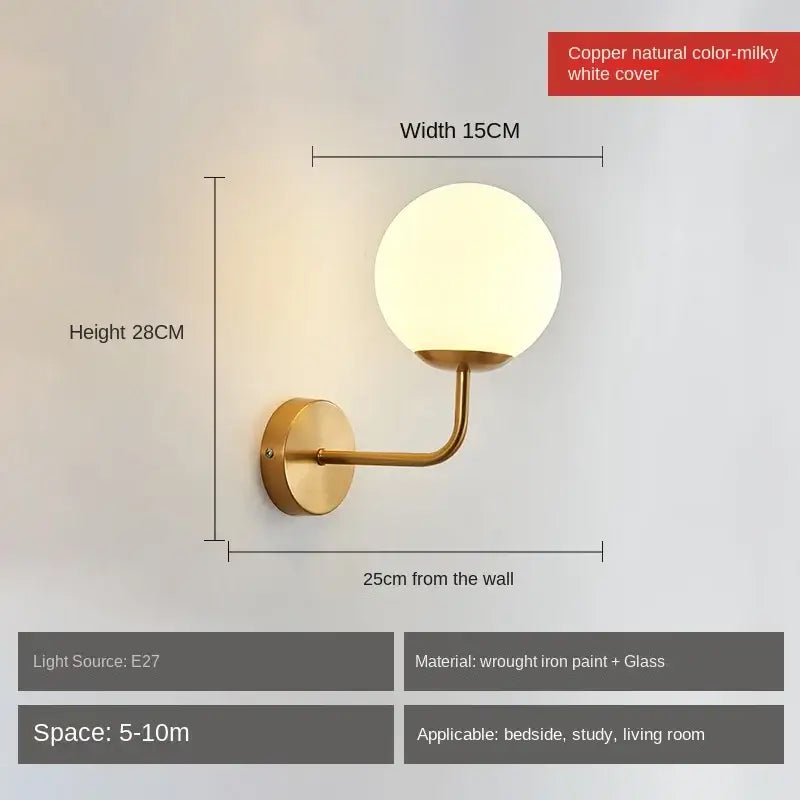 Copper-finished wall lamp with milky white glass globe perfect for decorbites glass ball led bedroom lighting