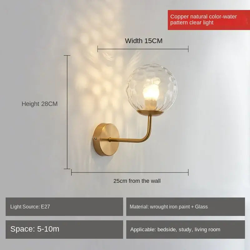 Copper-finished wrought iron wall lamp with textured glass globe shade for minimalist decorbites glass ball led lighting