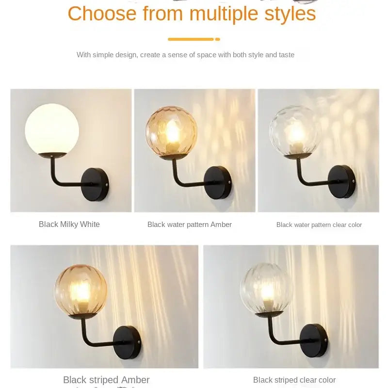 Minimalist gold and black wall lamp with decorbites glass ball led featuring spherical glass shade in various finishes