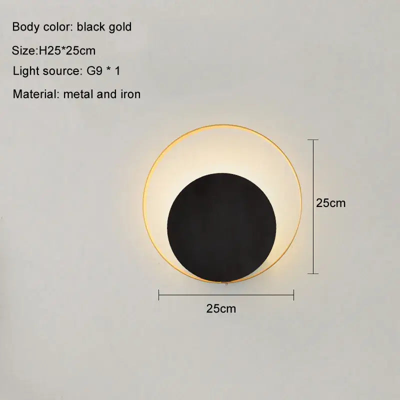 Black gold circular led wall lamp with sleek metal and iron frame for minimalist living room lighting