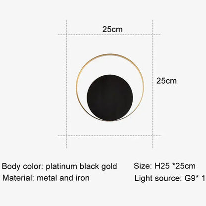 Minimalist gold and black led wall lamp with circular metal and iron design for modern living room lighting