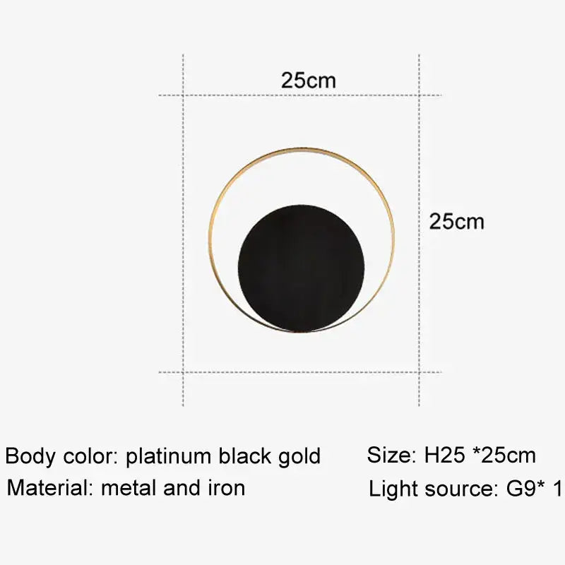 Minimalist gold and black led wall lamp with circular metal and iron design for modern living room lighting