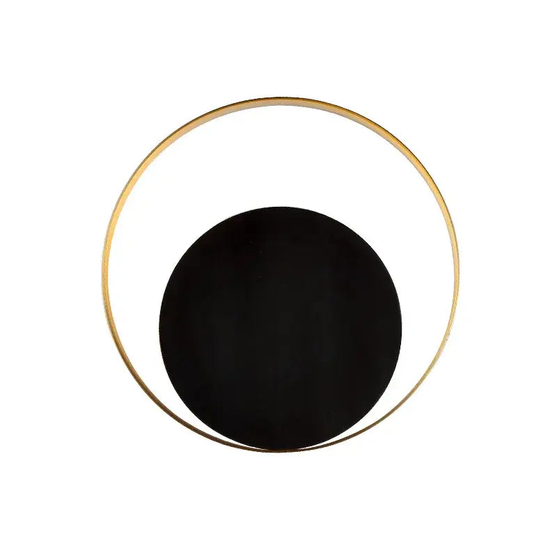 Minimalist gold and black led wall lamp with sleek circular face and metal ring designed for living room wall lighting