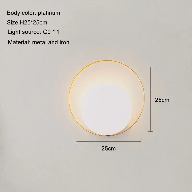 Minimalist gold and black led wall lamp with platinum circular metal and iron frame featuring warm g9 light source