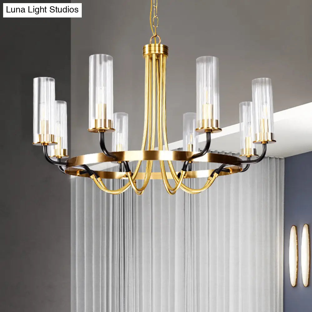 Lámpara colgante minimalista dorada tipo araña - Lámpara colgante tubular de cristal transparente con 8 bombillas y diseño de anillo