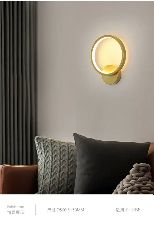 Minimalist gold circular led wall lights with glowing ring for bedroom and living room decorbites led wall lights
