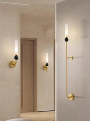 Minimalist gold copper wine corridor wall lamp with frosted glass shade and black spherical decorbites copper wine accent