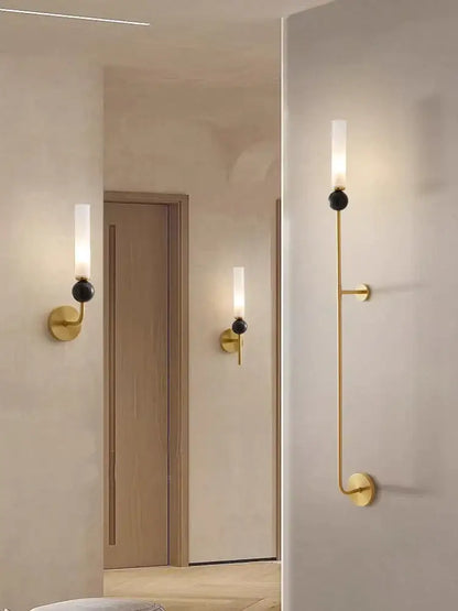 Minimalist gold copper wine corridor wall lamp with frosted glass shade and black spherical decorbites copper wine accent