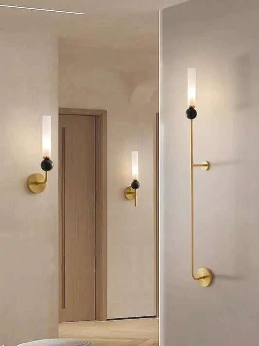 Minimalist gold copper wine corridor wall lamp with frosted glass shade and black spherical decorbites copper wine accent