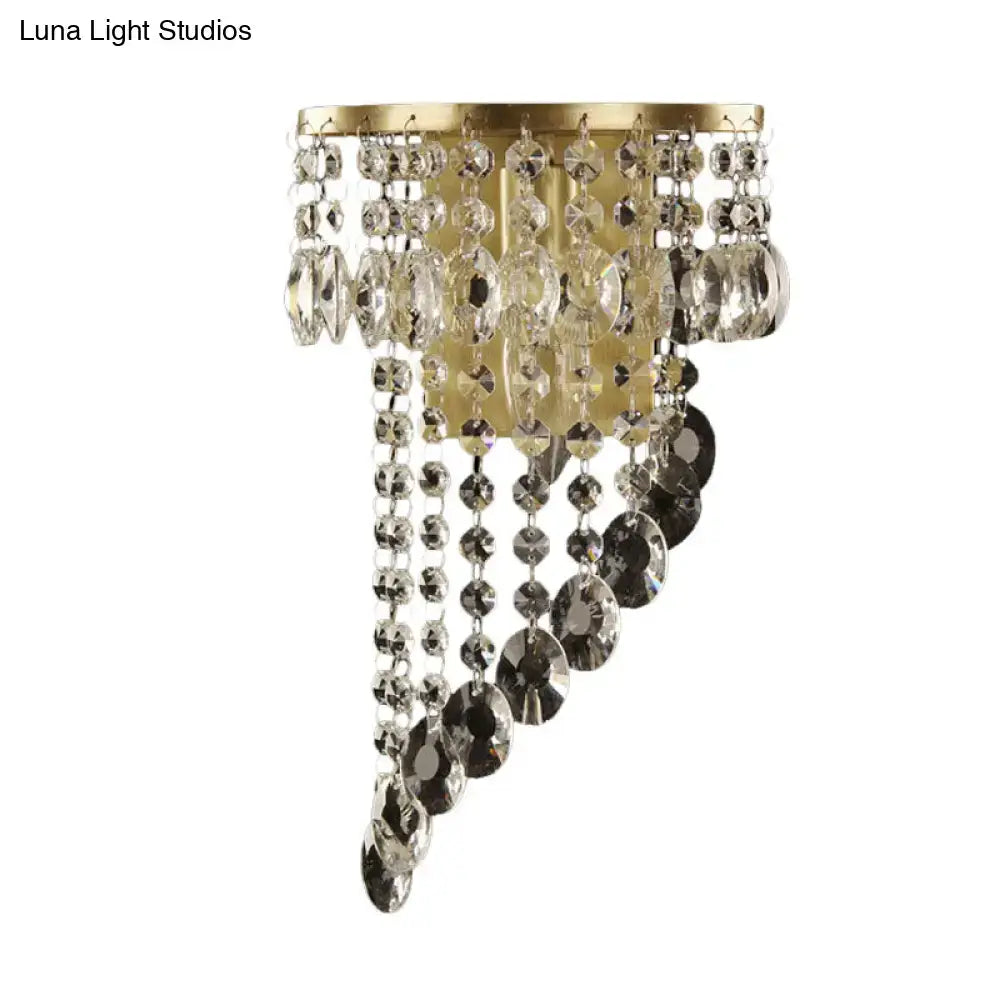 Minimalist gold tone corridor sconce with cascading clear and dark crystal beads e12 bulb base light type