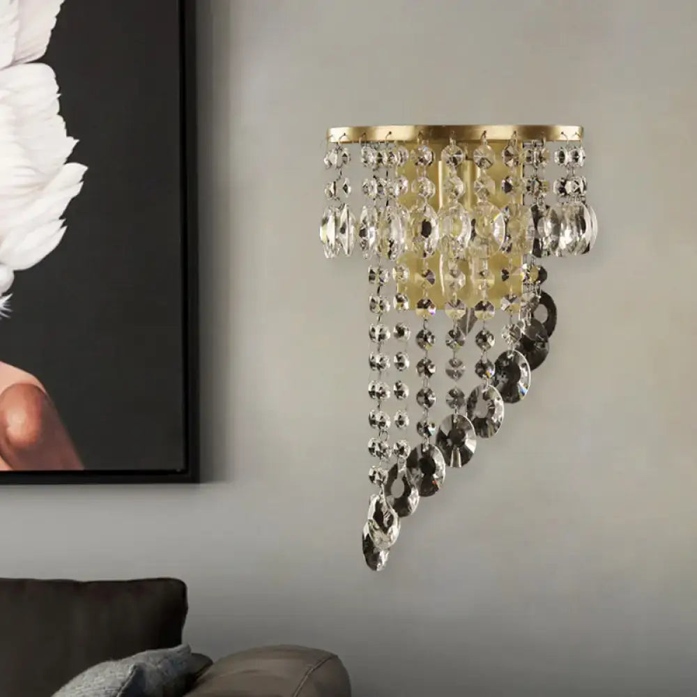 Minimalist gold corridor sconce with cascading clear and dark crystal beads e12 bulb base bedroom light type