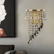 Minimalist gold corridor sconce with cascading clear and dark crystal beads e12 bulb base bedroom light type